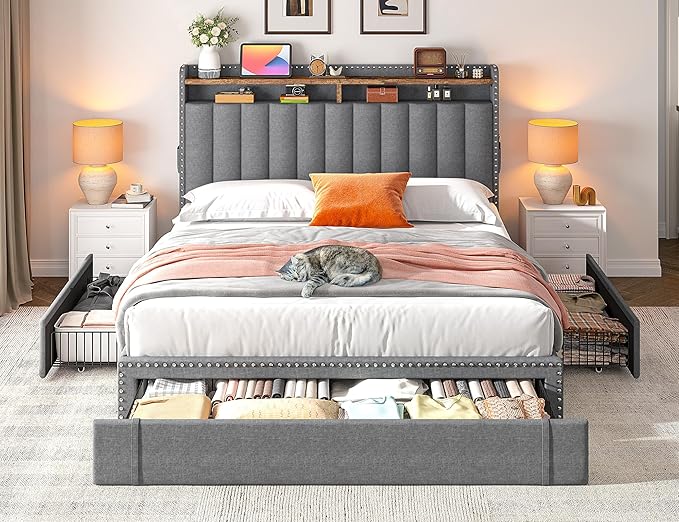 EnHomee Queen Size Bed Frame, Upholstered Queen Bed Frame with 3 Storage Drawers & 2-Tier Headboard Shelves, 1100LBS Heavy Duty, No Box Spring Needed, Easy Assembly, Grey
