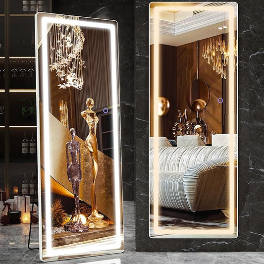 FENNIO Full Length Mirror with Lights, 57" x 17" LED Full Body, Free Standing Lighted Floor Mirror, Wall Mounted Hanging Mirror with Lights for Bedroom, Dimmable & 3 Color Lighting, White