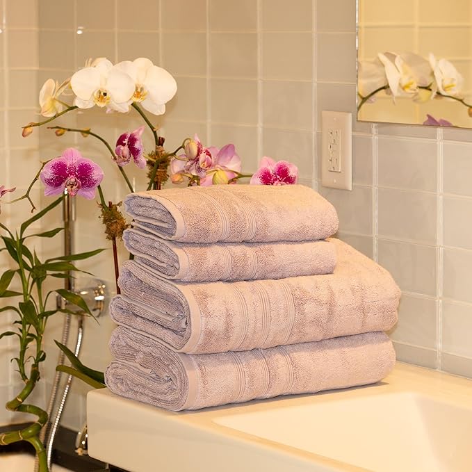 Mosobam Luxury Turkish 4pc Towel Set 30X58 16X30 Lavender Aura Oversize 700 GSM Bamboo Viscose & Aegean Turkish Combed Cotton