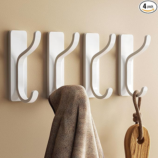 pickpiff Adhesive Wall Coat Hooks - Heavy Duty Stick-On Door Hanger, Metal Hook for Hanging Towel,Purse, Robe, Backpack, Jacket, Clothes - for Bathroom,Dorm, Closet, Kitchen - White, 4 Pack