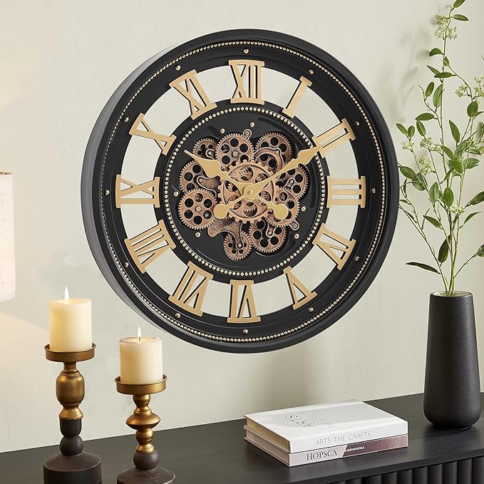 CLXEAST 24 Inch Wall Clock with Moving Gears, Large Roman Numeral Gear Clock for Living Room Decor,Modern Black& Gold Finish,House Warming Gifts New Home