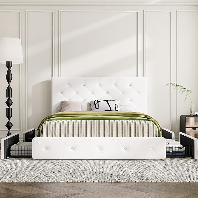MUTICOR Queen Size Bed Frame with 4 Storage Drawers, Upholstered Platform Bed with Button Tufted Adjustable Headboard, No Box Spring Needed, Easy Assembly, Diamond Tufted, White Leather