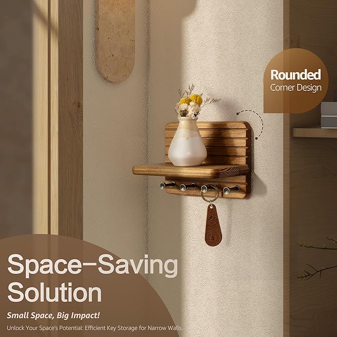 Rebee Vision Small Key Holder Wall Mount for Home Decor – Decorative 7-Inch Pine Wooden Key Holder for Wall with 4 Hooks & Mini Floating Shelf - Modern Farmhouse Home Organization (Light Brown)