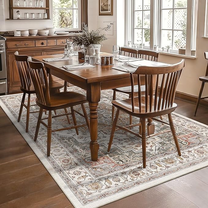 6x9 Area Rugs for Living Room Ultra-Soft Washable Rug Vintage Distressed Boho Area Rug, Non-Slip Retro Print Low Pile Stain Resistant Carpet for Bedroom Dining Room Kitchen Office