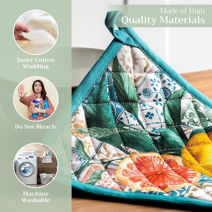 Maison d' Hermine Pot Holders Set 100% Cotton Heat Resistant Potholders 8" x 8" Hot Pads with Loop BBQ, Cooking, Baking, Grilling, Kitchen, Handling Hot Pans Spring/Summer (Pack of 2, Agrume)
