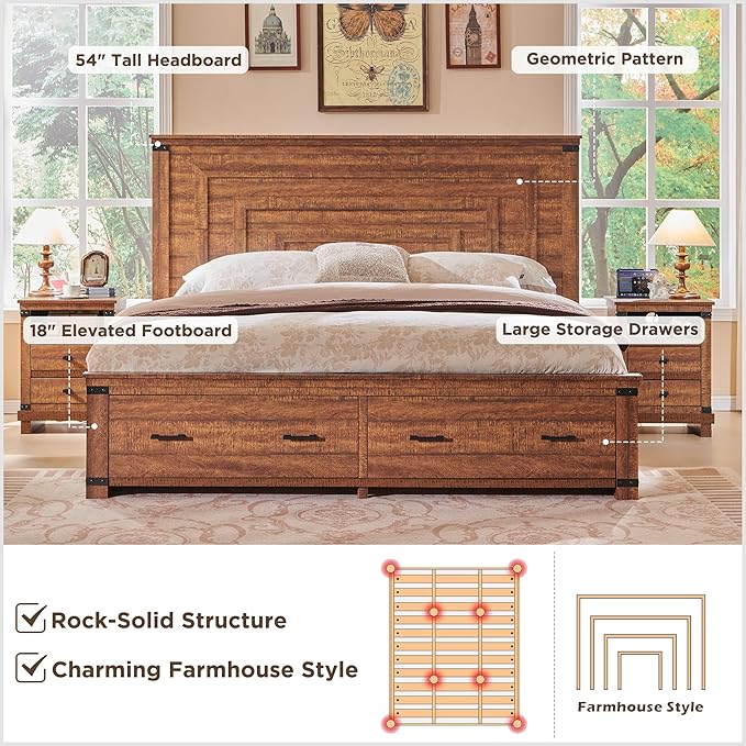 RedLemon Farmhouse King Size Bed Frame w/ 54" Tall Geometric Headboard, Rustic Wood Platform Bed w/ 2 Large Storage Drawers, Wood Slats Support, Noise Free, No Box Spring Needed, Reclaimed Barnwood