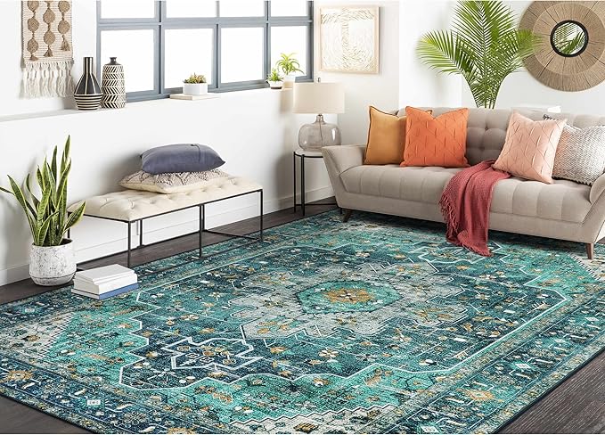 Moynesa Ultra-Thin Washable Vintage Area Rug - 6x9 Teal Large Dining Room Rug for Bedroom, Non-Shed Living Room Mat, Indoor Oriental Medallion Hardwood Floor Carpet for Office Home Decor