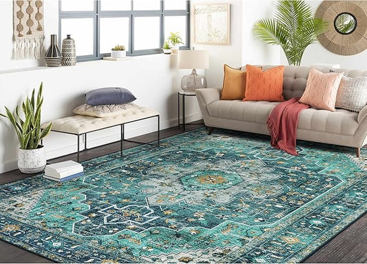 Moynesa Ultra-Thin Washable Vintage Area Rug - 6x9 Teal Large Dining Room Rug for Bedroom, Non-Shed Living Room Mat, Indoor Oriental Medallion Hardwood Floor Carpet for Office Home Decor