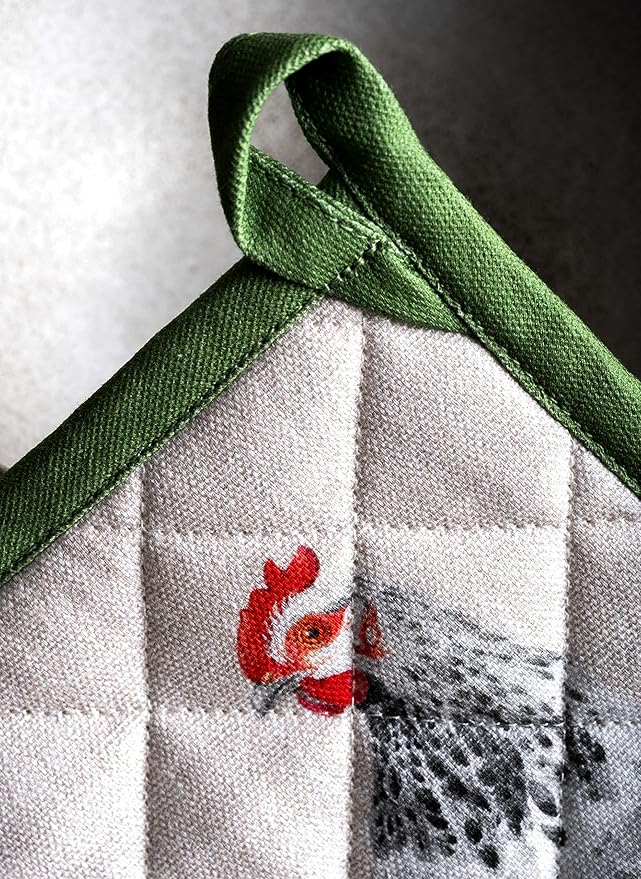 Maison d' Hermine Pot Holders Set 100% Cotton Heat Resistant Potholders 8" x 8" Hot Pads with Loop BBQ, Cooking, Baking, Grilling, Kitchen, Handling Hot Pans Spring/Summer (Pack of 2, Basse Cour)