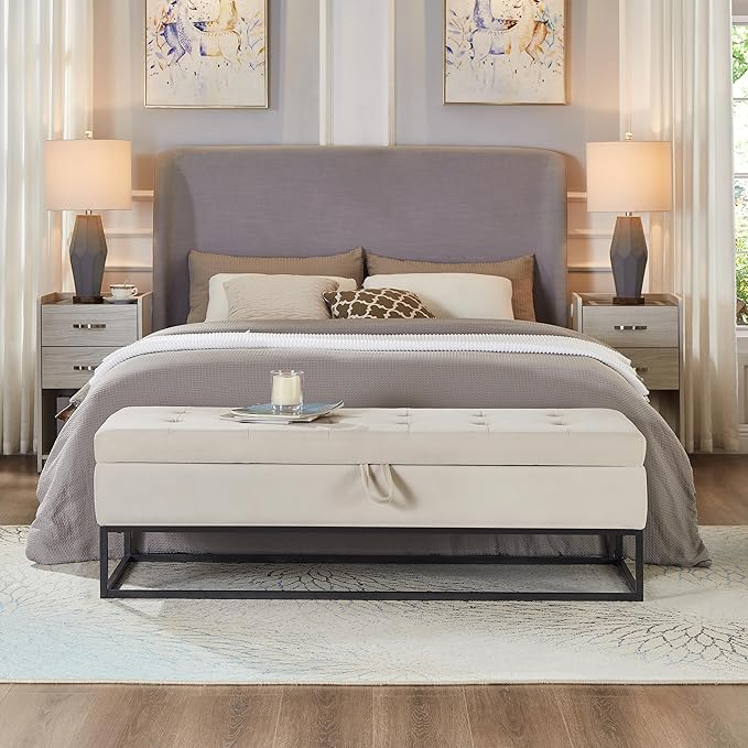 mikibama Velvet Storage Bench,58.6" Long Ottoman with Storage for Living Room,Tufted Storage Benches for Bedroom End of Bed,Entryway,Rectangle Window Seating Bench with Storage. (Velvet Beige)