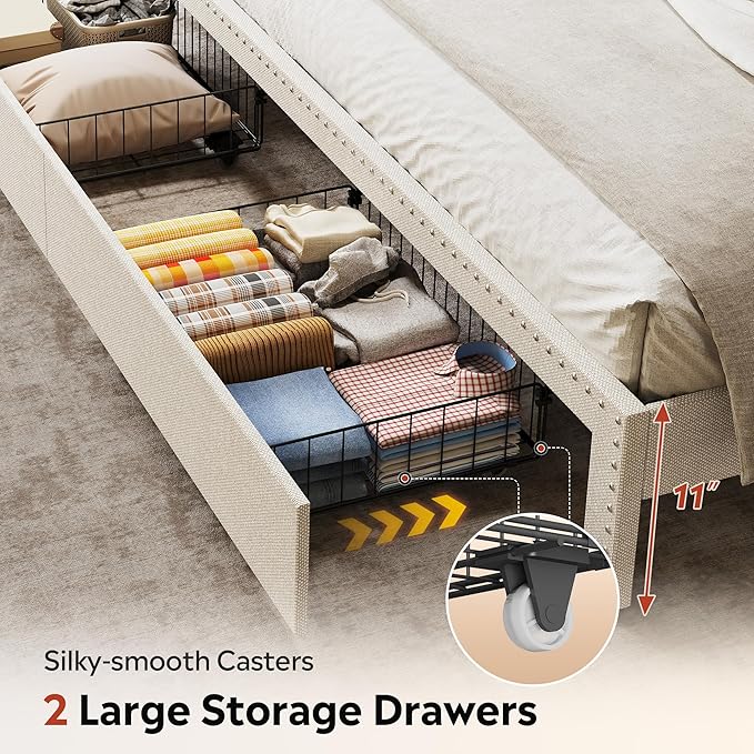 WLIVE King Size Upholstered Bed Frame with 2 Drawers, Linen Tufted Storage Headboard with Charging Ports and LED Light, Sturdy Metal & Wooden Slats Support, No Box Spring Needed, Beige