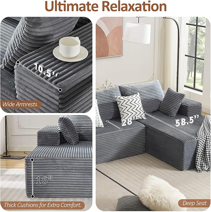 110" Boneless Sectional Couch with Chaise Lounge, Cloud Couch Compressed Sofa L Shape, No Assembly Memory Foam Sofa for Living Room, Grey Corduroy