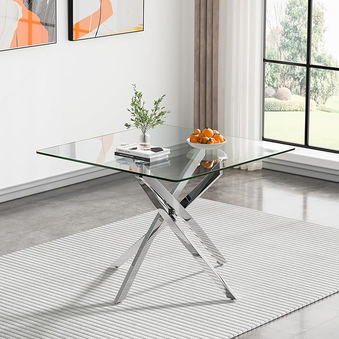 Goujxcy 5 Piece Glass Dining Table Set Modern Small Glass Dining Table Set for 4, 35.43" Square Kitchen Table and 4 Velvet Upholstered Chairs for Kitchen Dining Room, Silver & Grey