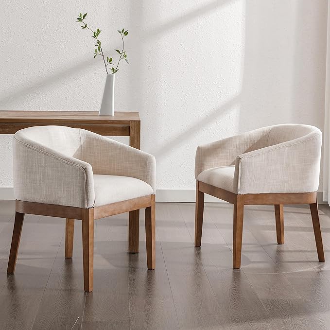 Beige Dining Chairs Set of 2 Mid-Century Modern Dining Chairs, Linen Upholstered Kitchen Dining Room Chair Curved Backrest Dining Chair with Wood Legs, Beige