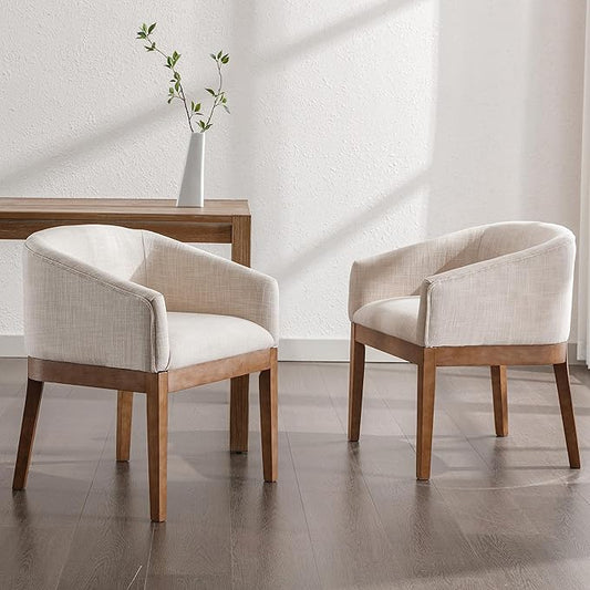 Beige Dining Chairs Set of 2 Mid-Century Modern Dining Chairs, Linen Upholstered Kitchen Dining Room Chair Curved Backrest Dining Chair with Wood Legs, Beige