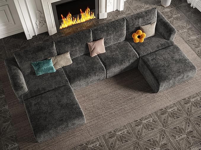 EASE MOOSE Boneless Modular Cloud Couch, Oversized U-Shaped Sectional Sofa for Living Room with Ottoman, Extra Large Movable Couches, 6-Deep-Seat Sofas for Bedroom, Apartment, Chenille (Dark Grey)