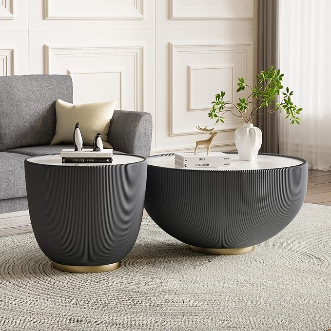 Round Coffee Table Set with Sintered Stone Tabletop, 27.56" Grey Drum Center Table and 19.69" Grey Coffee Table Set, 2 Pieces Living Room Table Set with Fluted PU Leather Cover& Metal Base