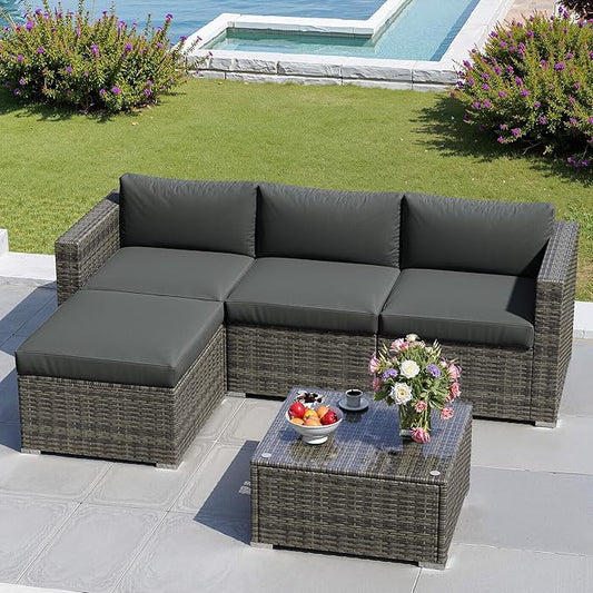 Outdoor Patio Furniture Set, Rattan Outdoor Sectional Furniture, Patio Conversation Sets for Balcony, Porch, Backyard, Deck, Garden, Beige