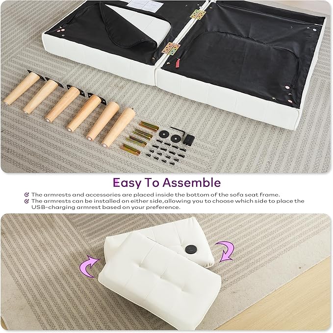 TYBOATLE Modern White Faux Leather Upholstered Convertible USB Folding Futon Sofa Bed, 65" Couch, Love Seats Furniture for Small Space Configuration, Apartment, Dorm, Living Room, Office