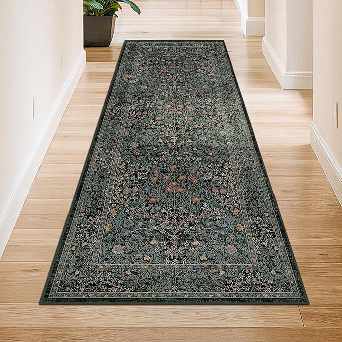 Non Slip 2x6 Kitchen Runner Rug Washable, Rubber Backed Hallway Runner Rugs, Boho Vintage Floral Botanical Dark Green Non Skid Carpet for Entryway, Bathroom, Hall Way Mats for Floor