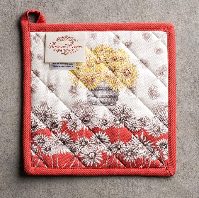 Maison d' Hermine Pot Holders 100% Cotton Heat Resistant Potholders 8" x 8" Hot Pads with Loop for Thanksgiving Christmas Decorations BBQ Cooking Baking Handling Hot Pans (Pack of 1, Bagatelle)