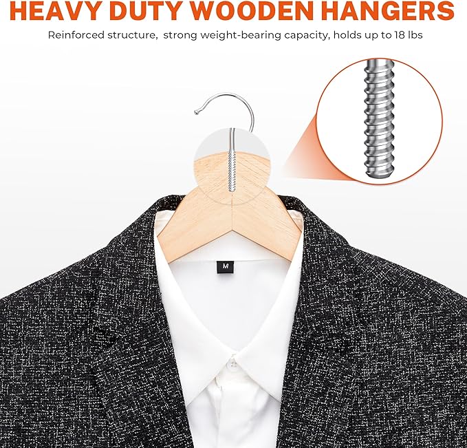 HOUSE DAY 24 Pack High-Grade Wooden Suit Hangers Skirt Hangers with Clips Solid Wood Pants Hanger Natural Smooth Finish Premium Wood Hanger with Durable Metal Clips for Blouse, Dress, Coat, Jacket