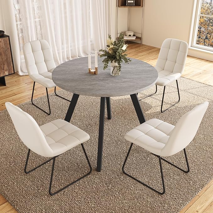 34.6'' Dining Table and Chairs for 4, Mid Century Modern Round Table Set, Space Saving for Apartment Kitchen Dining Room (Grey Table+4 U-Shaped White Chairs)