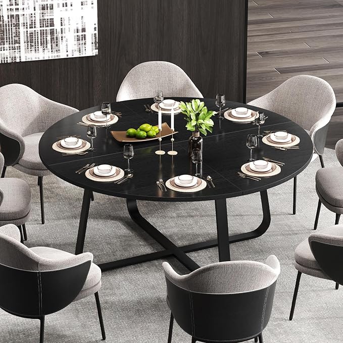 LVB Black Round Dining Table for 6 to 8, 60” Modern Wood Metal Kitchen Table, Industrial Large Dinner Room Table, Circle Dining Table for Home Gathering Living Room