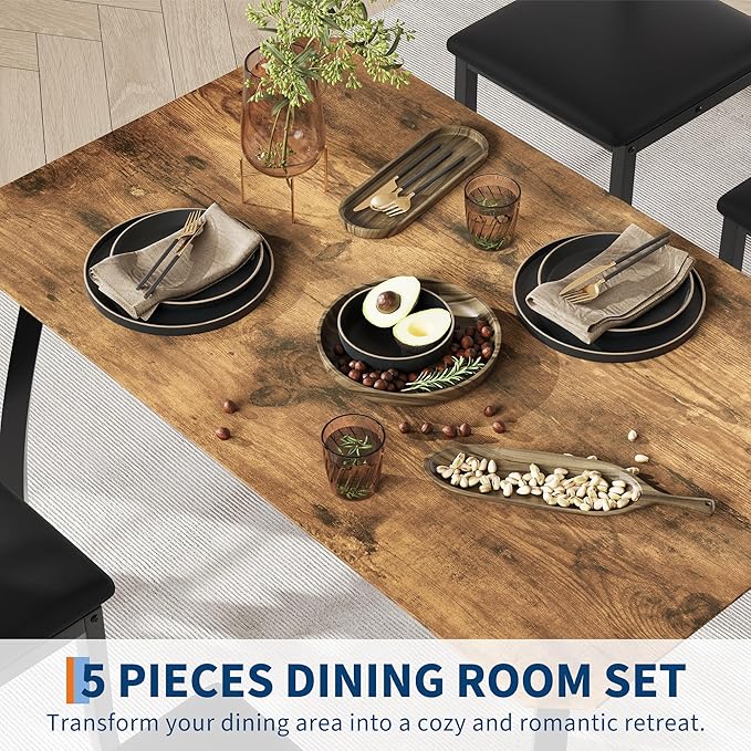 GAOMON 5 Piece Dining Table Set for 4, Space-Saving Kitchen Table with Upholstered Chairs, Modern Angled Corner Design, Compact Dinner Set for Small Spaces, Apartment, Dining Room, Retro Brown