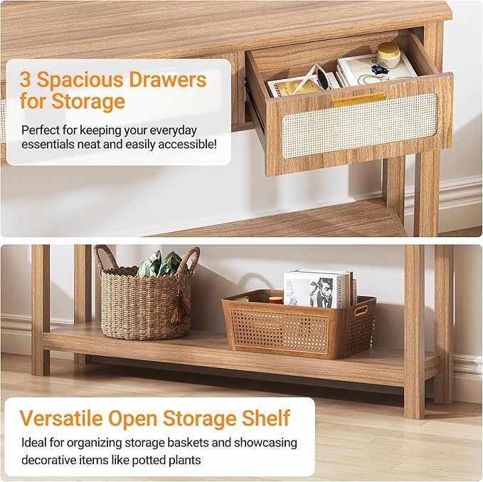 ELYKEN 51.2" Entryway Table with 3 Rattan Drawers, Boho Console Table Narrow with Storage, Long Sofa Table for Behind Couch Entry Hallway, Entrance, Living Room, Oak Brown