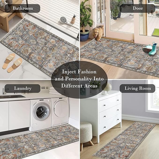 RUGSURE Washable Area Rugs - Perfect for Living Room, Bedroom, Kids Room, Nursery - Stain & Water Resistant Non-Slip, Pet & Child Friendly, Vintage Tribal Area Rugs (Turmeric and Grey, 2'6'' x 8')