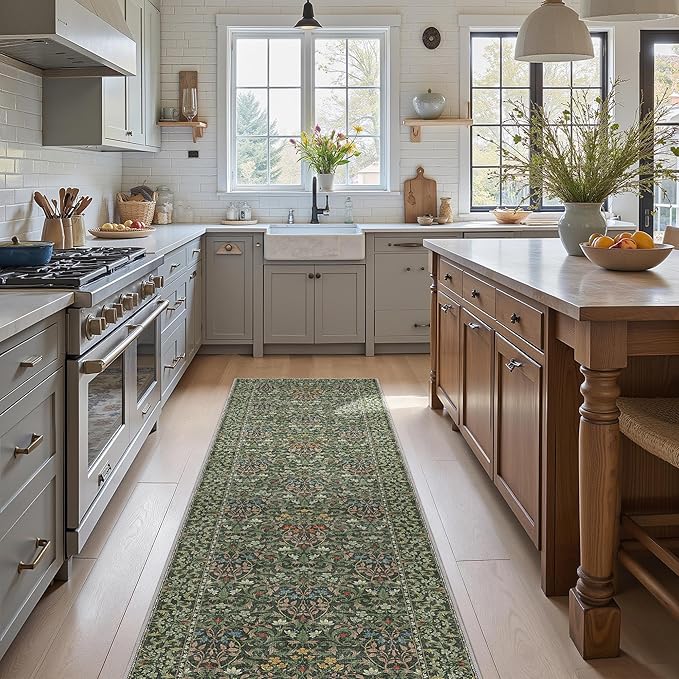 GENIMO Floral Washable Runner Rug 2’6”x10’, Non-Slip Long Hallway Carpet for Entryway, Kitchen, Indoor Floor Use, Vintage Boho Soft Thin Rug Décor, Emerald Green
