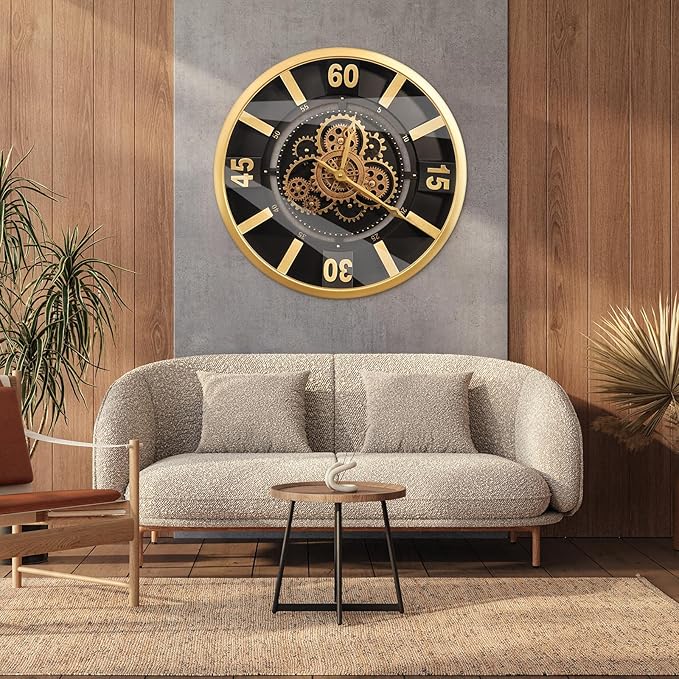 October Elf Large Real Moving Gears Wall Clock 18 Inch Vintage Industrial Steampunk Large Big Metal Wall Clock for Living Room Decor (18 Inch Golden Arabic Numerals)