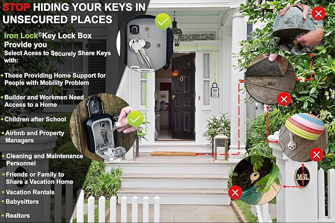 Iron Lock® Key Lock Box Portable with U-Shackle & Wall Mount – Medium Waterproof Heavy-Duty Metal Safe with 4-Digit Combination for Spare Keys Outside on Door Knob, Fence or Gate (Grey, Medium)