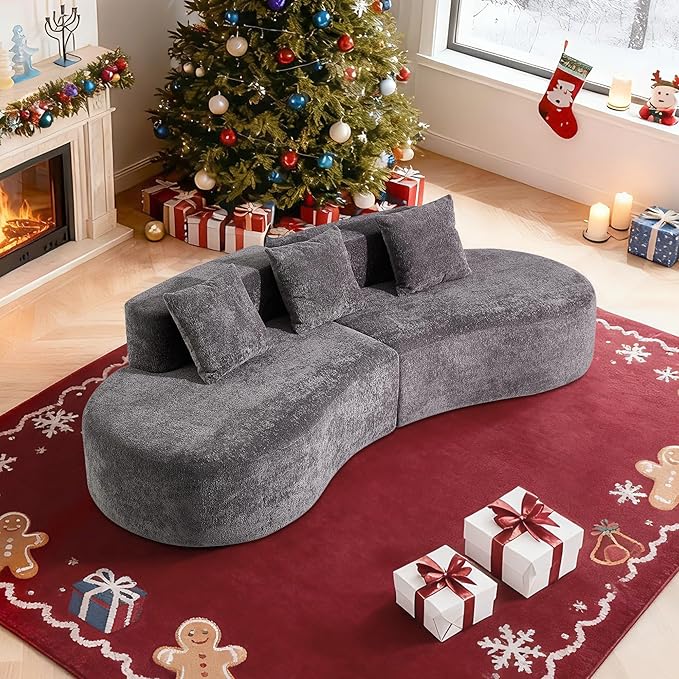 109'' Curved Couch, Mid Century Modern Half Moon Sofa, Luxury 3-Seat Couch with High-Density Foam Filled, Raindrop Velvet Fabric Sectional Sofa for Living Room, Apartment, Office, Grey