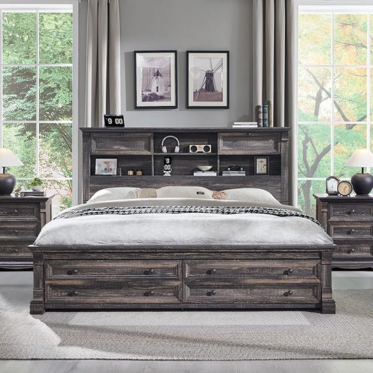 Farmhouse Queen Size Bed Frame with 54" Tall Headboard, Headboard with 4 Storage Rack, 2 Drawers, 18" Roman Column Decoration Footboard, Wood Platform Bed Frame, No Box Spring Needed(Dark Rustic Oak)