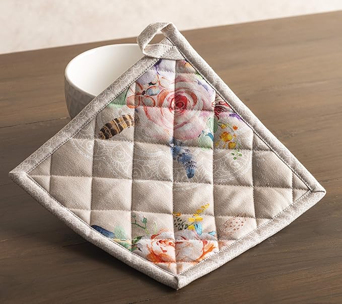 Maison d' Hermine Pot Holders 100% Cotton Heat Resistant Potholders 8" x 8" Hot Pads with Loop BBQ, Cooking, Baking, Grilling, Kitchen, Handling Hot Pans Spring/Summer (Pack of 1, Ibiza - Beige)