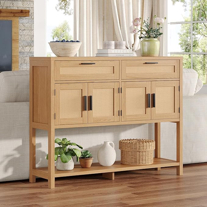 Maupvit Entryway Console Table with Large Storage Space, Sofa Table with Rattan Cabinet Doors, Buffet Table for Living Room, Hallway, Foyer Furniture for Home Decor, Nature Wood Color