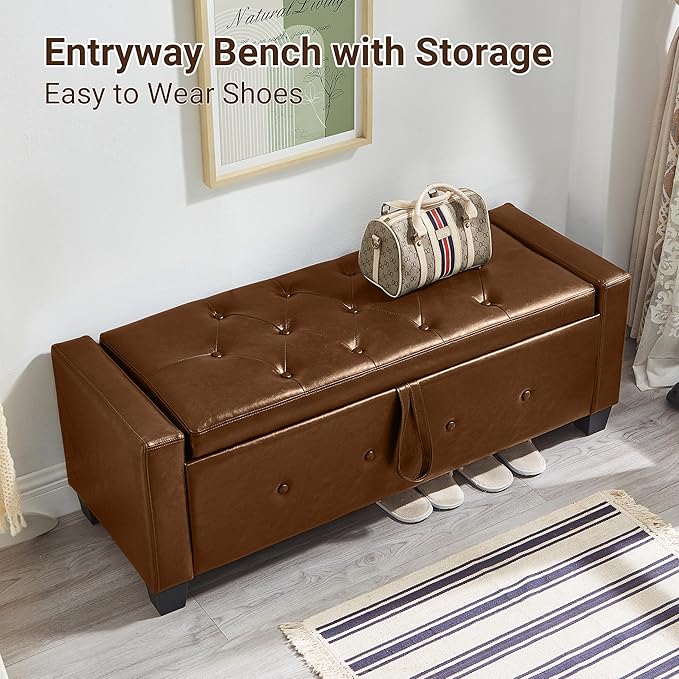 48" Faux Leather Ottoman with Storage, Tufted Storage Ottoman Bench with Safety Hinge, Rectangular Extra Long Bench for Bedroom, Living Room, Entryway and Window, Brown