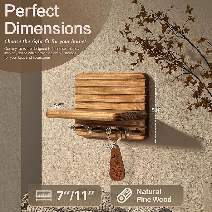 Rebee Vision Small Key Holder Wall Mount for Home Decor – Decorative 7-Inch Pine Wooden Key Holder for Wall with 4 Hooks & Mini Floating Shelf - Modern Farmhouse Home Organization (Light Brown)
