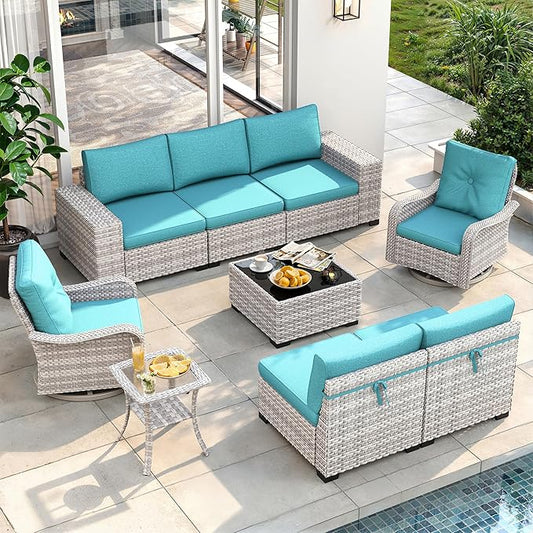 9 Piece Outdoor Wicker Rattan Sectional Sofa Set with Swivel Chairs, 7-Seats Conversation Set with 4" Thickened Cushions & Coffee Table, All-Weather PE Rattan for Garden, Backyard, Porch, Navy
