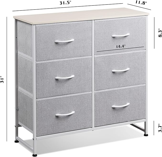 WLIVE Fabric Dresser for Bedroom, 6 Drawer Double Dresser, Storage Tower with Fabric Bins, Chest of Drawers for Closet, Living Room, Hallway, Light Grey