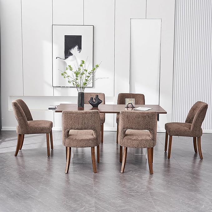 VKNOW Wooden Dining Chairs Set of 6, Modern Fabric Upholstered Dining Room Chair Kitchen Chairs, Farmhouse Dinner Chair for Kitchen Dining Room, Brown