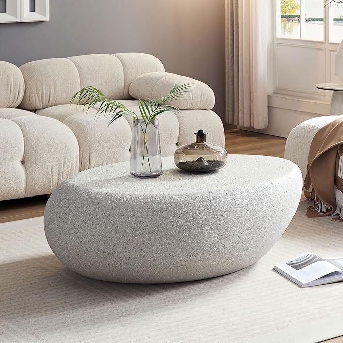 43.31" Fiberglass Elliptical Oval Coffee Table for Living Room Vintage Matte Rocks Center Table Front of The Sofa, No Need Assembly