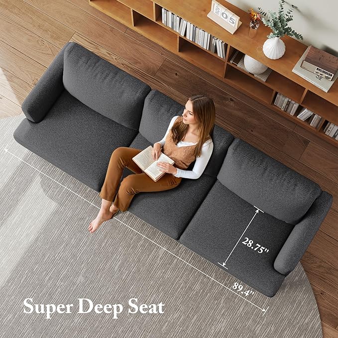 3 Seater Sofa Couch with Deep Seats, 89" Mid Century Modern Upholstered Sofa with Armrests, Comfy Couches for Living Room, Bedroom, Apartment and Office (Dark Grey)