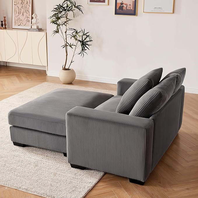 101.6" Deep Seat Corduroy Sectional Couches for Living Room, Comfy Upholstered Modular Sectional Sofa Bed, Cloud Couch with Thickened Cushions Widened Armrests，2 Seats + 2 Ottoman，Dark Grey