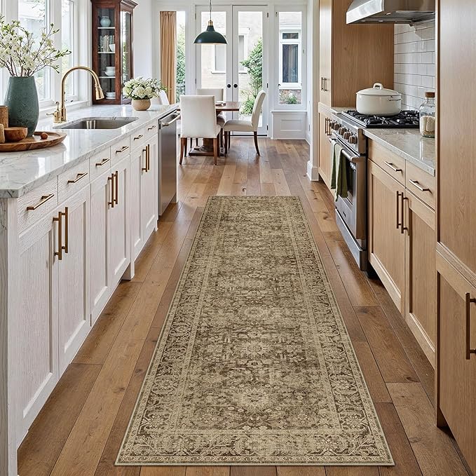 Brown 2x8 Runner Rug Hallway Non Slip Kitchen Vintage Distressed Long Carpet Indoor Machine Washable Traditional Floral Bedroom Accent Throw Rug for Office Laundry Bathroom Dining Living Room