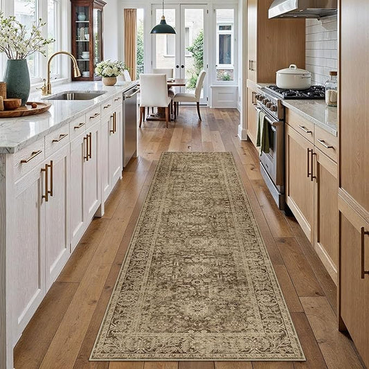 Brown 2x8 Runner Rug Hallway Non Slip Kitchen Vintage Distressed Long Carpet Indoor Machine Washable Traditional Floral Bedroom Accent Throw Rug for Office Laundry Bathroom Dining Living Room