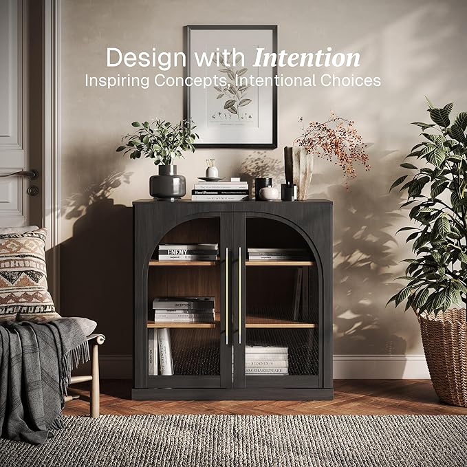 BELLEZE Modular Sideboard with Arched Glass Door, Accent Display Buffet Cabinet with Storage and Adjustable Shelves,Classic Modern Credenza for Dining Room Living Room Entryway (Ebony)