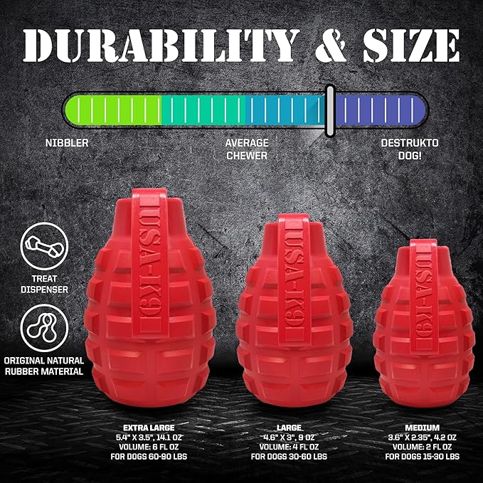 SodaPup USA-K9 Grenade – Durable Dog Treat Dispenser and Chew Toy Made in USA from Non-Toxic, Pet Safe, Food Safe Natural Rubber Material for Mental Stimulation, Problem Chewing, Calming Nerves & More